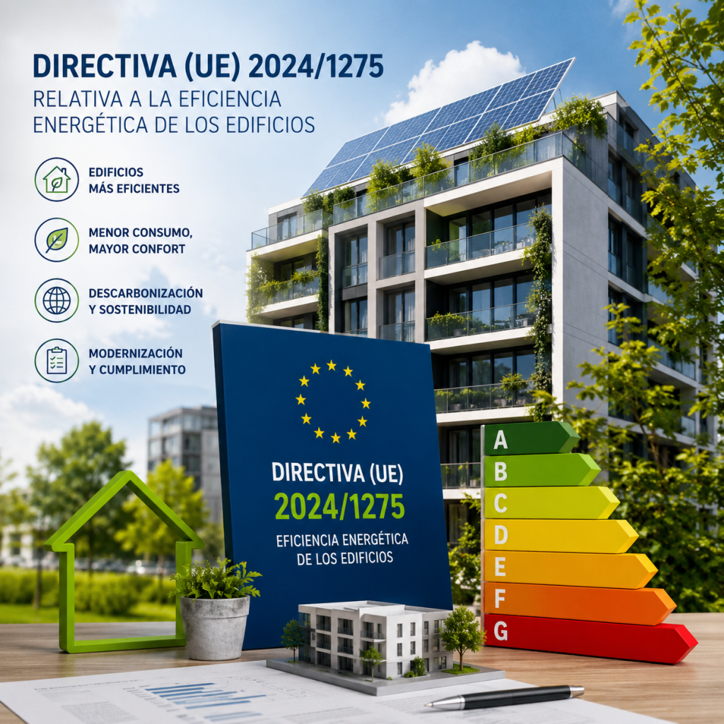 La Directiva (UE) 2024/1275, conocida como la nueva Directiva de Eficiencia Energética de los Edificios (EPBD), es el eje central de la estrategia de la Unión Europea para descarbonizar el parque inmobiliario de aquí a 2050. Dado que los edificios son responsables de aproximadamente el 40% del consumo de energía y el 36% de las emisiones de gases de efecto invernadero en la UE, este texto redefine por completo las exigencias de construcción, reforma e instalaciones