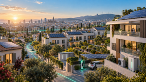 Vivienda española con paneles solares, batería, bomba de calor y punto de recarga eléctrica