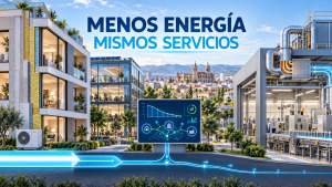 Paneles solares y edificios eficientes representando los objetivos de ahorro energético del PNIEC 2023-2030