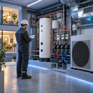 Técnico inspeccionando una instalación centralizada de calefacción, climatización y agua caliente sanitaria en un edificio moderno.